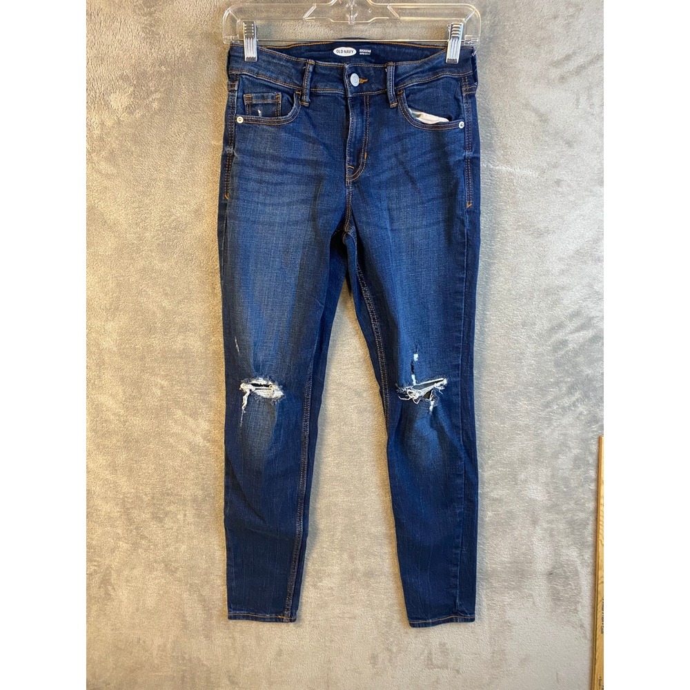 Old Navy Jeans Women 4 Rockstar Super Skinny Dark‎ Wash Distressed EUC